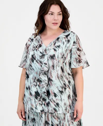 Kasper Plus Size Printed Ruffled Flutter-sleeve Blouse In Multi