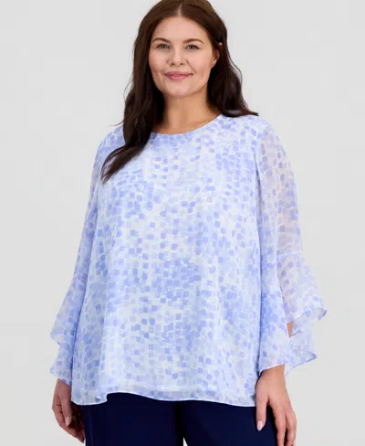 Kasper Plus Size Printed Ruffled-sleeve Blouse In Blue
