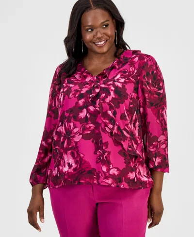 Kasper Plus Size Printed Ruffled Surplice Top In Pink