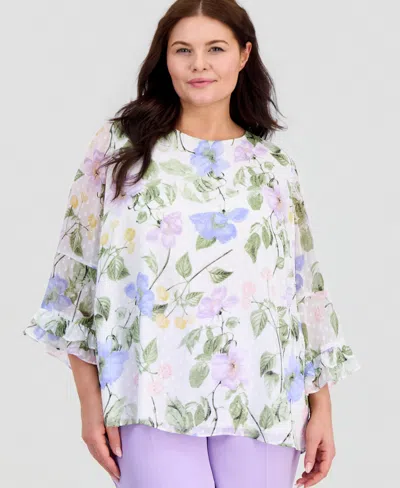 Kasper Plus Size Printed Ruffled-sleeve Blouse