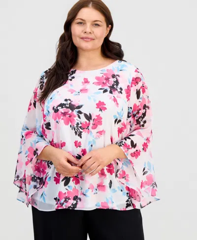 Kasper Plus Size Printed Ruffled-sleeve Blouse In Pink