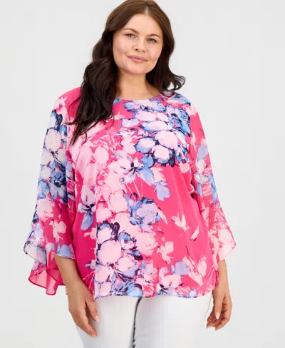 Kasper Plus Size Printed Ruffled-sleeve Blouse In Pink