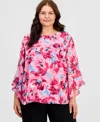 Kasper Plus Size Printed Ruffled-sleeve Blouse In Multi