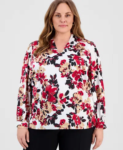 Kasper Plus Size Printed Satin V-neck Top In Multi