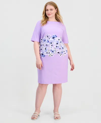Kasper Plus Size Printed Scuba Crepe Sheath Dress In Purple
