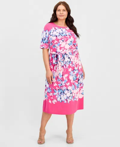 Kasper Plus Size Printed Short-sleeve Midi Dress In Multi
