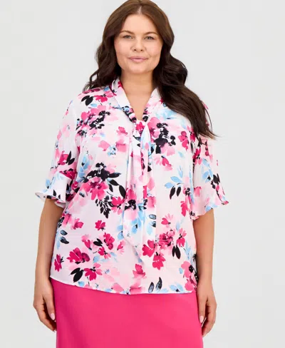 Kasper Plus Size Printed Short-sleeve Tie-neck Top In Pink