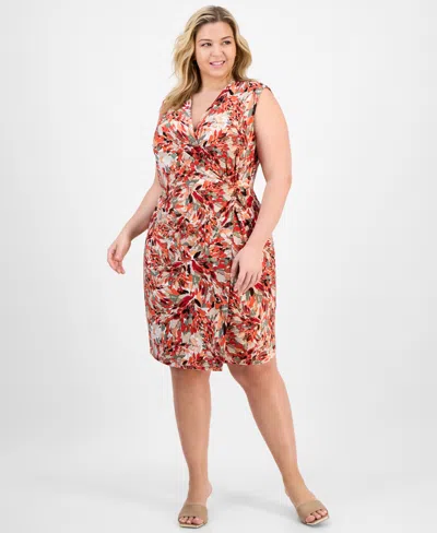 Kasper Plus Size Printed Sleeveless Faux-wrap Sheath Dress