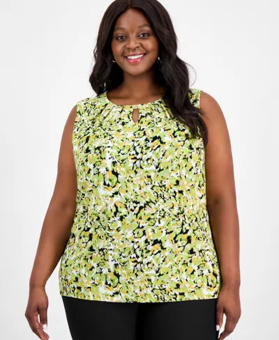 Kasper Plus Size Printed Sleeveless Keyhole Blouse In Kiwi Multi