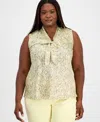 Kasper Plus Size Printed Sleeveless Tie-neck Blouse In Yellow
