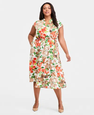 Kasper Plus Size Printed Split-neck Cap-sleeve Dress In Multi