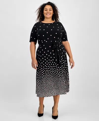 Kasper Plus Size Printed Tie-waist Midi Dress In Black Multi