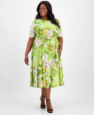 Kasper Plus Size Printed Tie-waist Midi Dress In Kiwi Multi