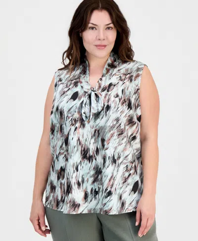 Kasper Plus Size Printed Tie-neck Sleeveless Top In Multi