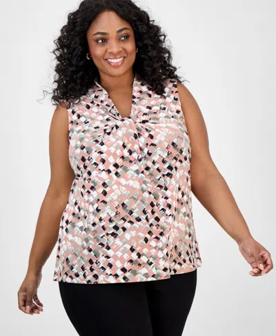 Kasper Plus Size Printed Twist-front Shell Top