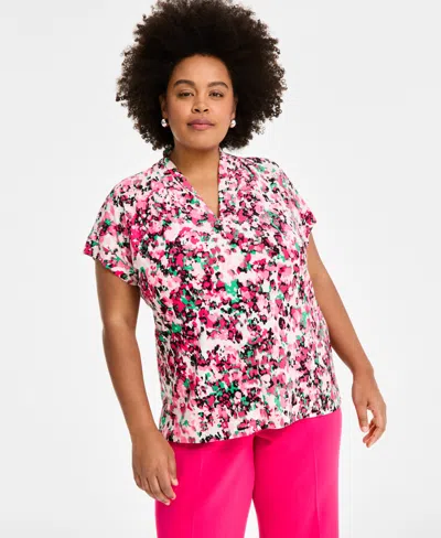 Kasper Plus Size Printed V-neck Cap-sleeve Blouse In Pink Perfection Multi