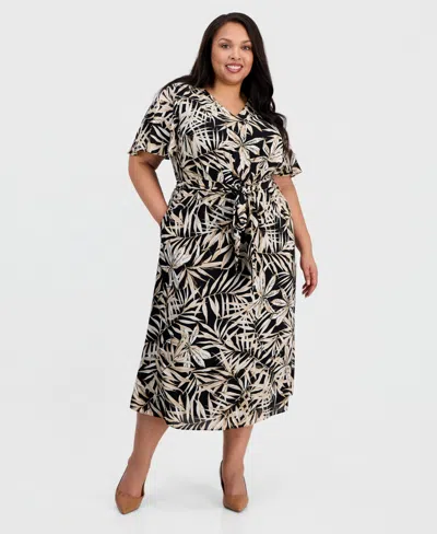 Kasper Plus Size Printed V-neck Flutter-sleeve Dress In Multi
