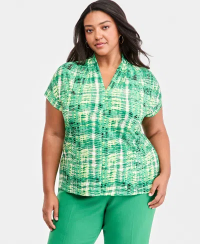 Kasper Plus Size Printed V-neck Short-sleeve Blouse In Green