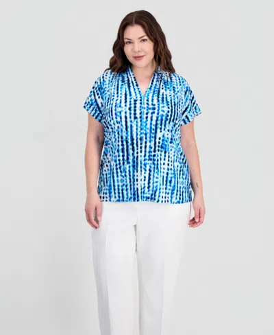 Kasper Plus Size Printed V-neck Short-sleeve Blouse In Blue