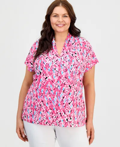 Kasper Plus Size Printed V-neck Short-sleeve Blouse In Multi
