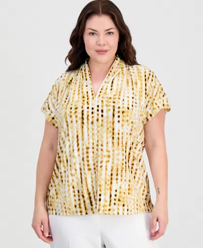 Kasper Plus Size Printed V-neck Short-sleeve Blouse In Multi