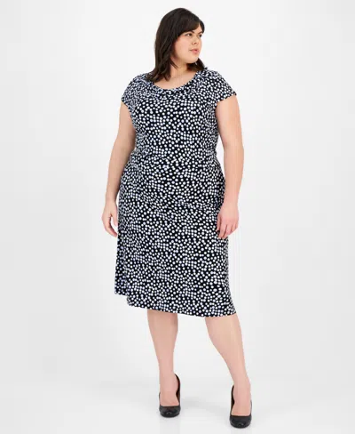 Kasper Plus Size Pull-on Polka-dot Midi Skirt In Black Multi