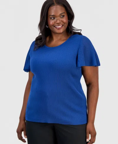Kasper Plus Size Ribbed Flutter-sleeve Sweater In Blue