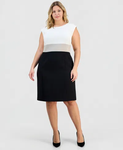 Kasper Plus Size Round-neck Colorblocked Crepe Sheath Dress In White