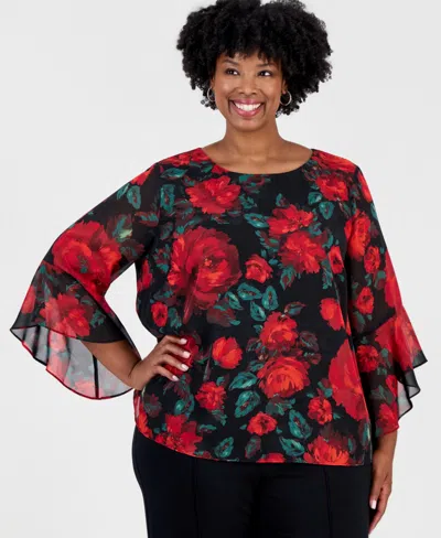 Kasper Plus Size Ruffle 3/4-sleeve Blouse In Multi
