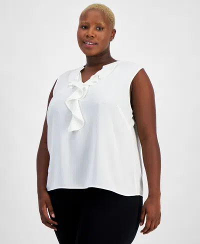 Kasper Plus Size Ruffled Sleeveless V-neck Top In Vanilla Ice