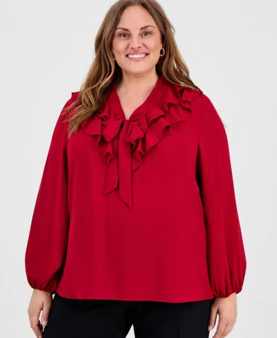 Kasper Plus Size Ruffled Tie-front V-neck Top In Red