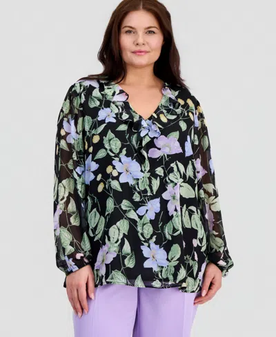Kasper Plus Size Ruffled V-neck Chiffon Blouse In Multi