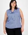 Kasper Plus Size Satin Sleeveless Tie-neck Blouse In California Sky,black