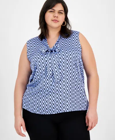 Kasper Plus Size Satin Sleeveless Tie-neck Blouse In California Sky,black