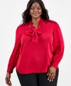 Kasper Plus Size Satin Stripe Tie-neck Long-sleeve Top In Red