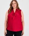 Kasper Plus Size Satin Tie-front Sleeveless Top In Red