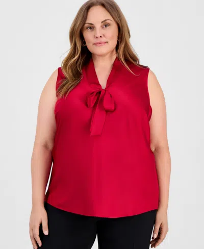 Kasper Plus Size Satin Tie-front Sleeveless Top In Red