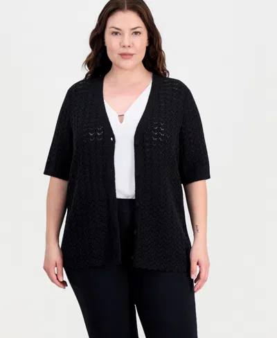 Kasper Plus Size Short-sleeve Scalloped-hem Cardigan In Black