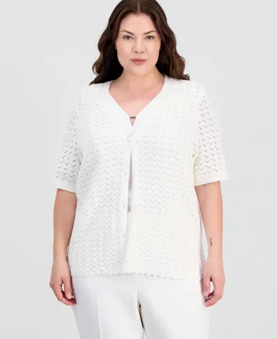 Kasper Plus Size Short-sleeve Scalloped-hem Cardigan In White