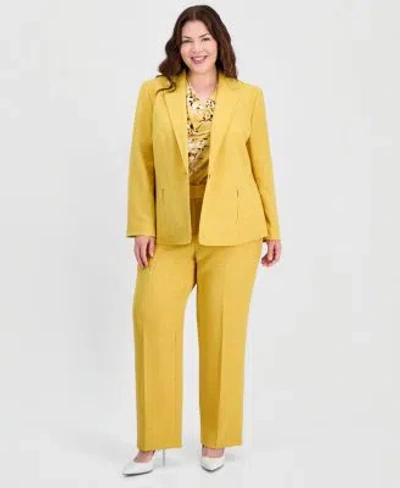 Kasper Plus Size Single Button Blazer Cap Sleeve Top Pants In Butterscotch Multi