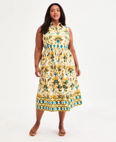Kasper Plus Size Sleeveless Collared Midi Tiered Dress In Multi