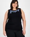 Kasper Plus Size Sleeveless Embroidered Knit Top In Black