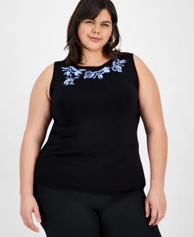Kasper Plus Size Sleeveless Embroidered Knit Top In Black