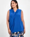 Kasper Plus Size Sleeveless Knot-neck Top In Blue