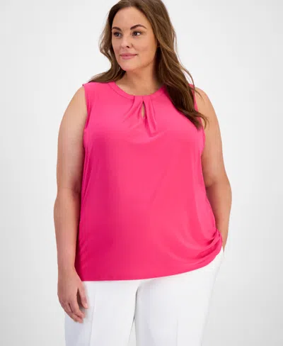 Kasper Plus Size Sleeveless Pleat-neck Keyhole Top