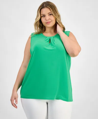 Kasper Plus Size Sleeveless Pleat-neck Keyhole Top In Apple Green
