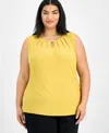 Kasper Plus Size Sleeveless Pleated Keyhole Blouse In Butterscotch