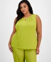 Kasper Plus Size Sleeveless Pleated Keyhole Blouse In Kiwi