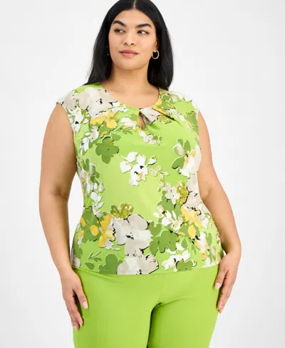 Kasper Plus Size Sleeveless Printed Keyhole Blouse In Kiwi Multi