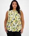Kasper Plus Size Sleeveless Printed Keyhole Blouse In Lily White Multi